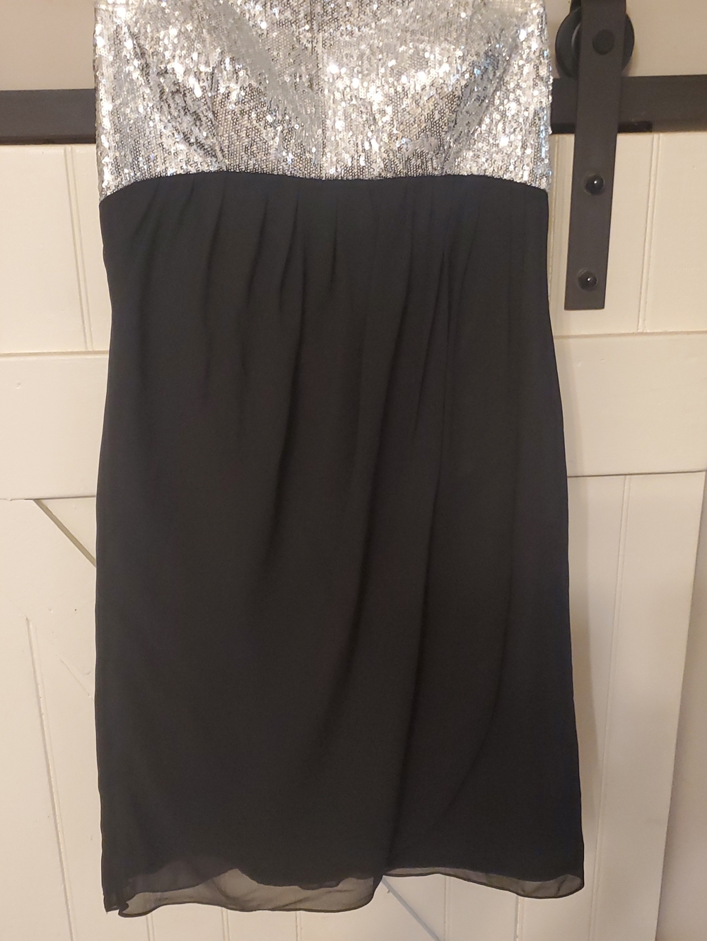 Bill Levkoff Silver Sequin and Black Strapless Cocktail Dress